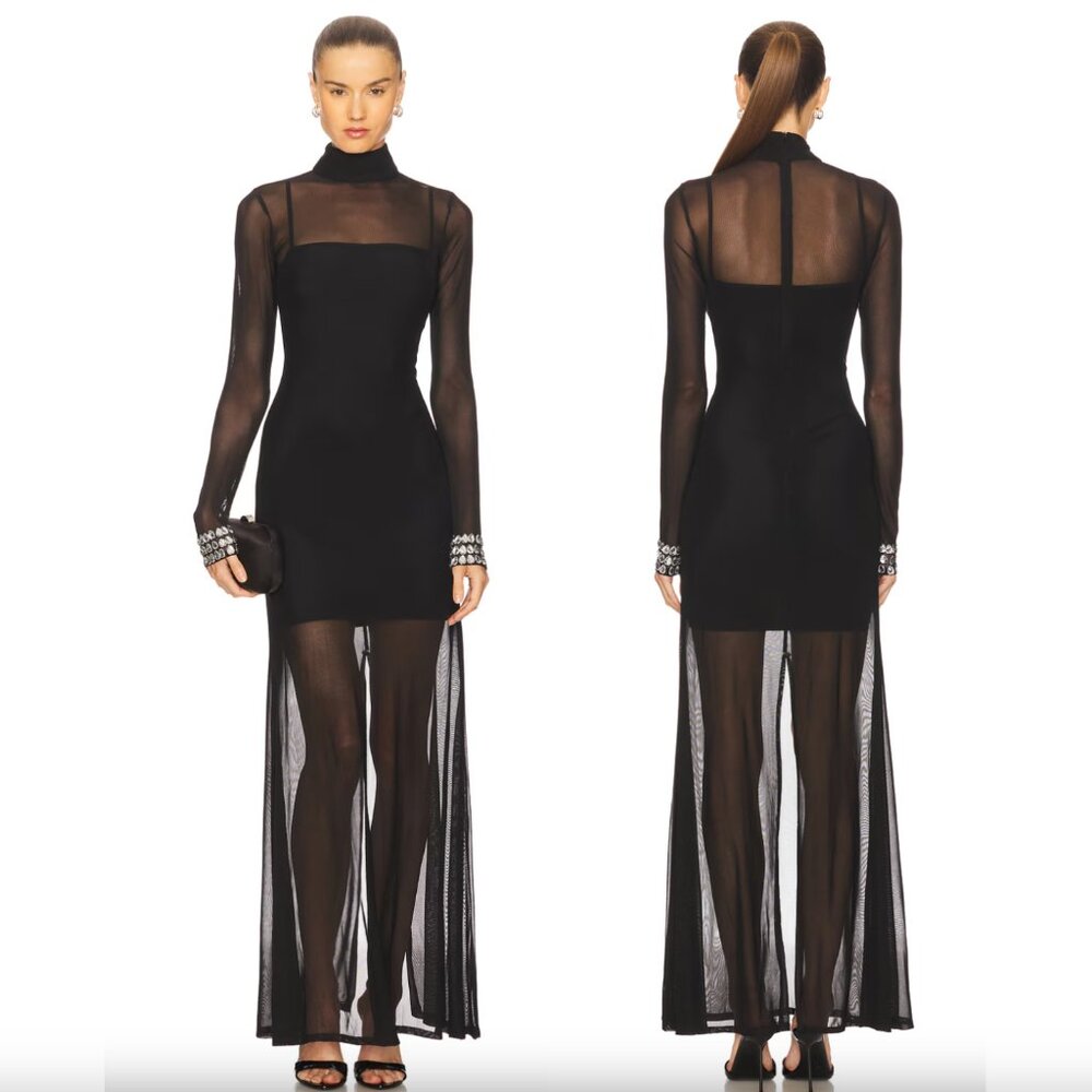 Mariandree Gaitan Emilia Maxi Dress in Black Sheer Mesh Long Sleeve Gown XS